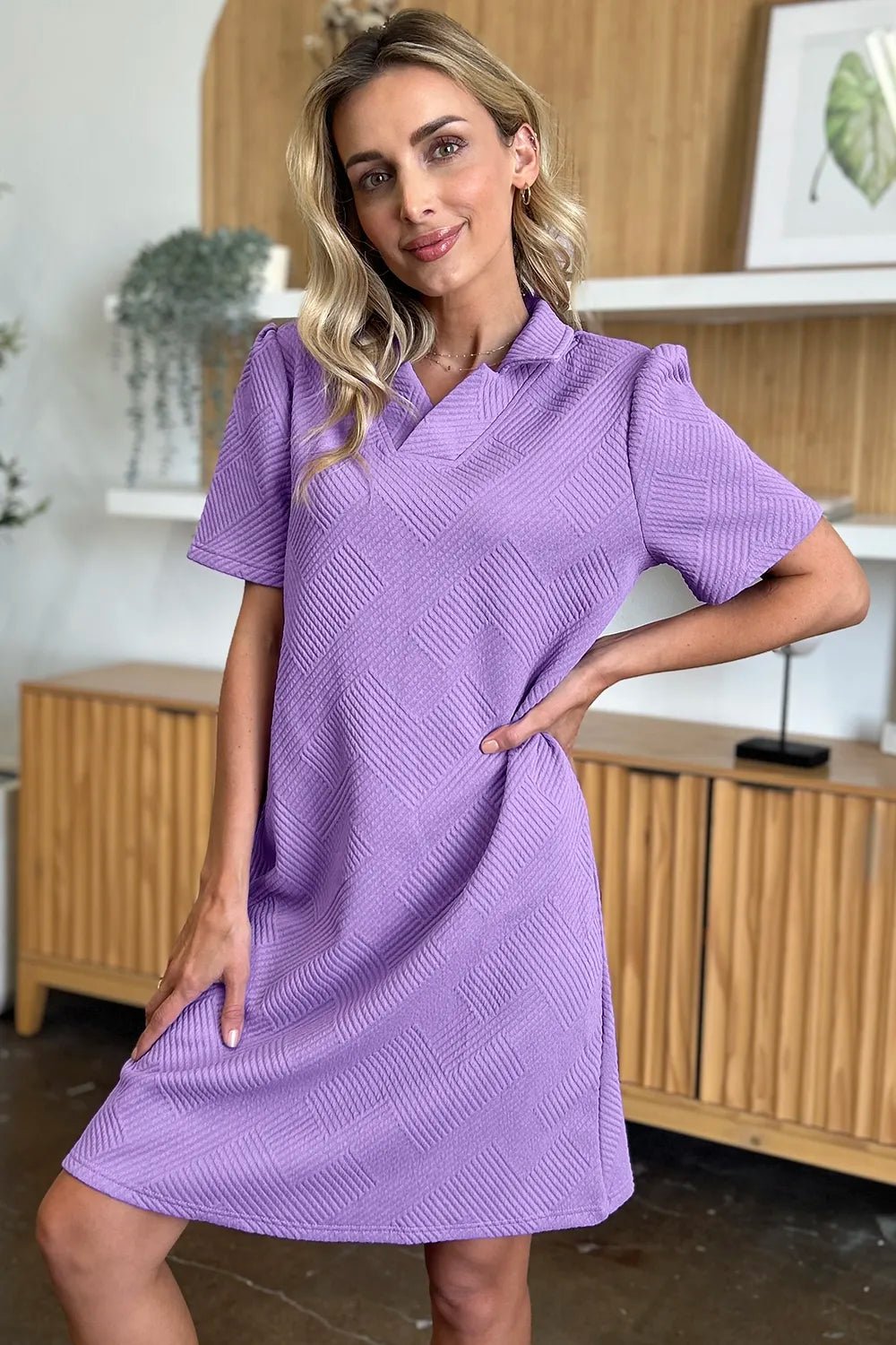 Double Take Full Size Texture Collared Neck Short Sleeve Dress - Rooted & Reckless Co.