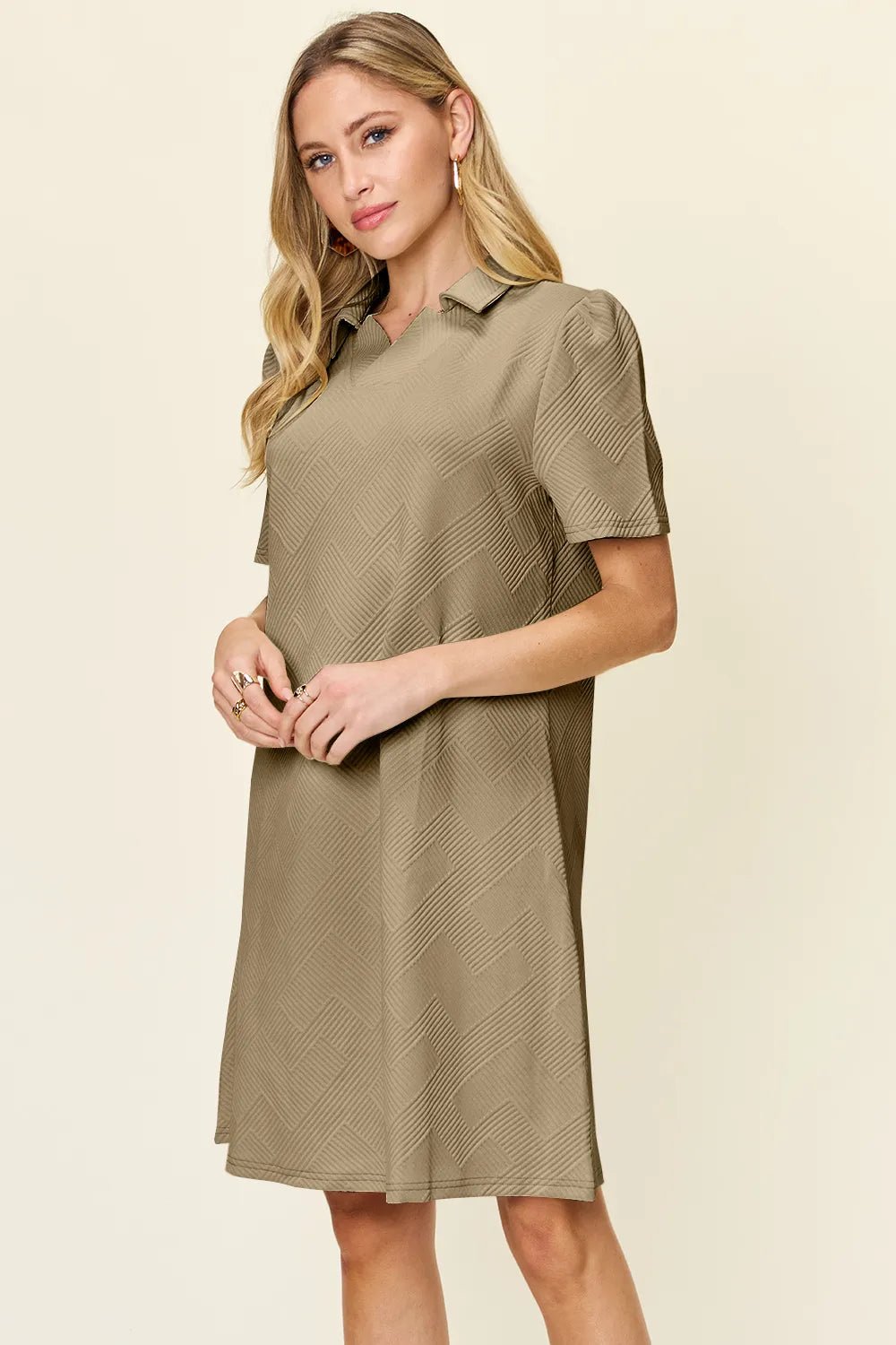 Double Take Full Size Texture Collared Neck Short Sleeve Dress - Rooted & Reckless Co.