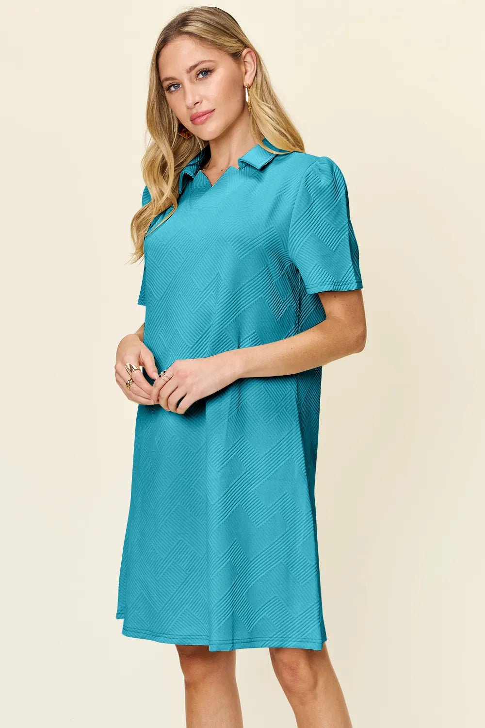 Double Take Full Size Texture Collared Neck Short Sleeve Dress - Rooted & Reckless Co.