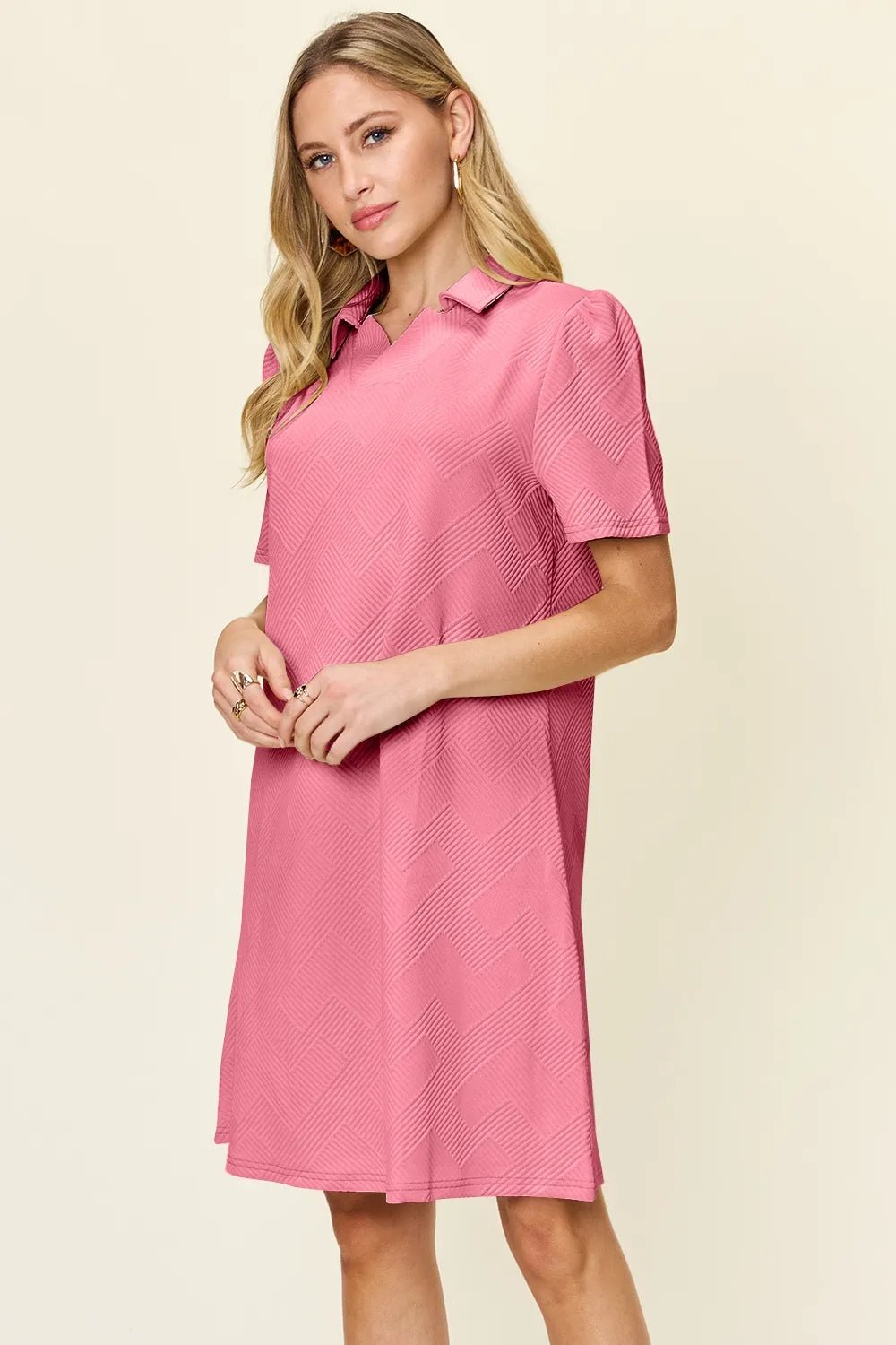 Double Take Full Size Texture Collared Neck Short Sleeve Dress - Rooted & Reckless Co.