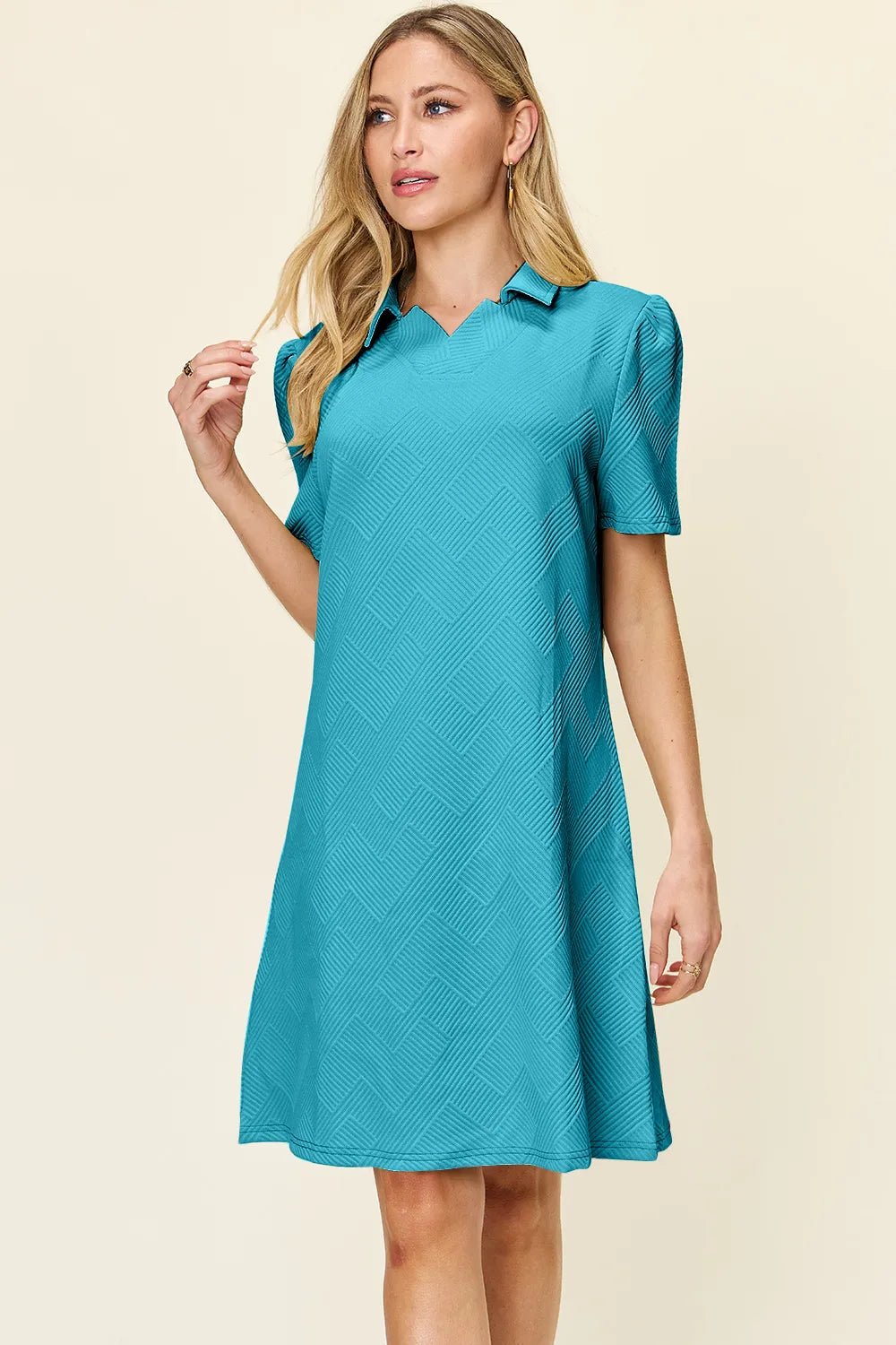 Double Take Full Size Texture Collared Neck Short Sleeve Dress - Rooted & Reckless Co.
