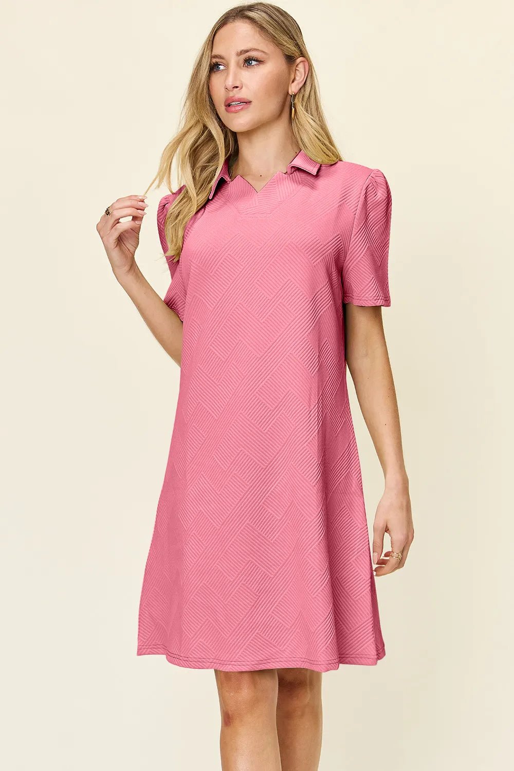 Double Take Full Size Texture Collared Neck Short Sleeve Dress - Rooted & Reckless Co.