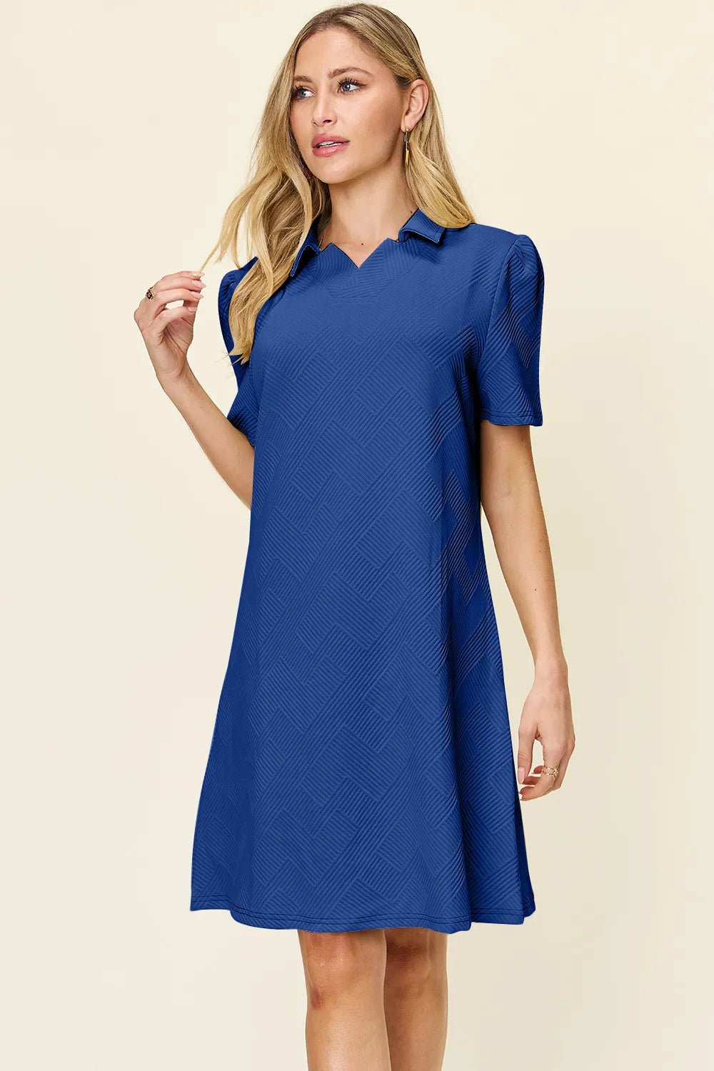 Double Take Full Size Texture Collared Neck Short Sleeve Dress - Rooted & Reckless Co.