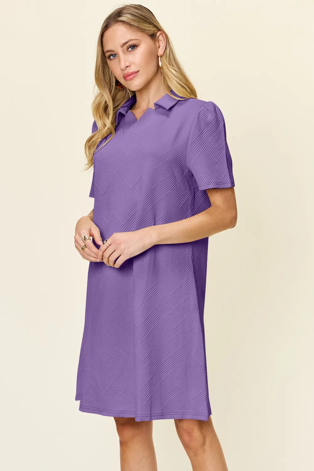 Double Take Full Size Texture Collared Neck Short Sleeve Dress - Rooted & Reckless Co.