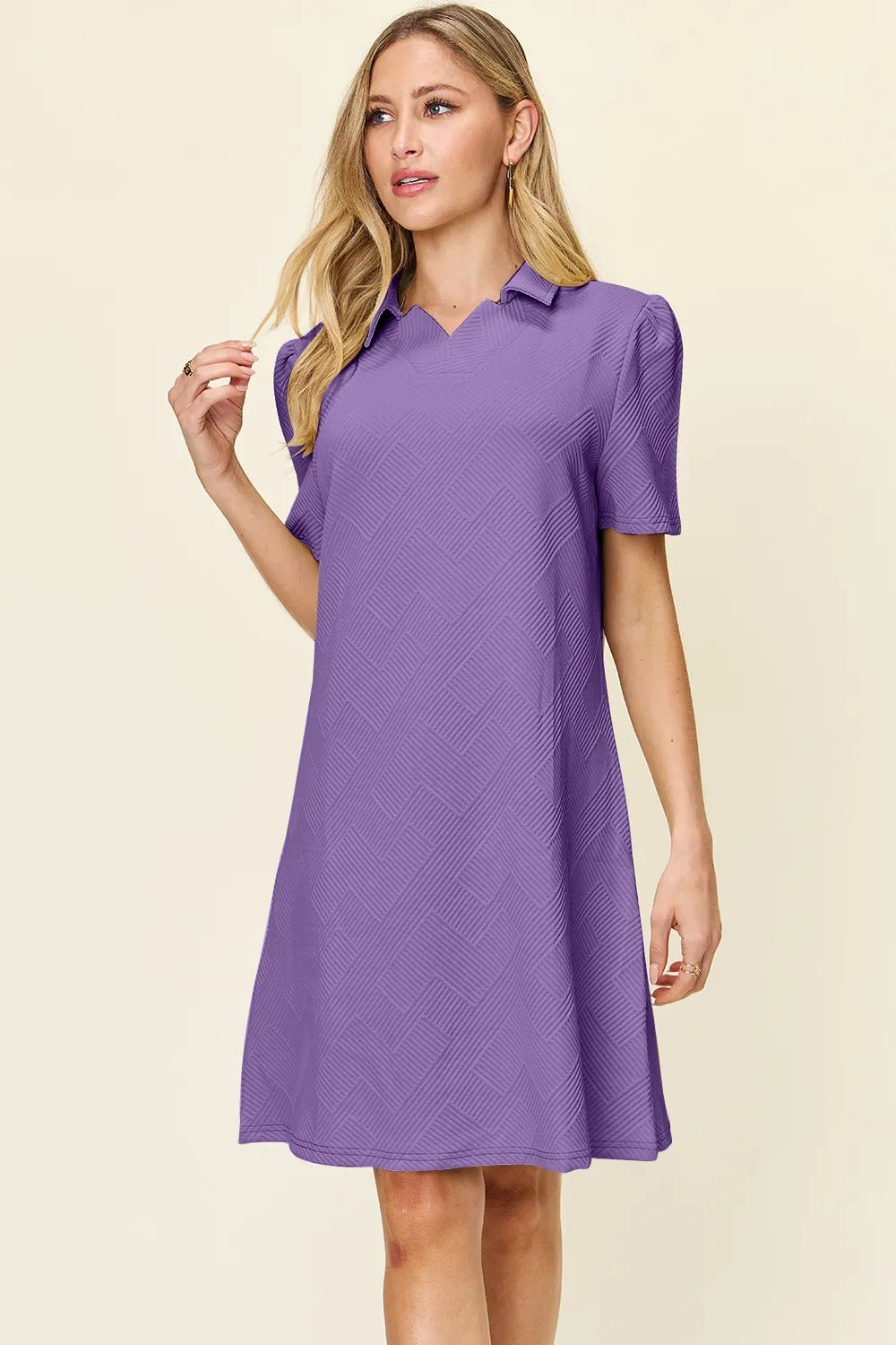 Double Take Full Size Texture Collared Neck Short Sleeve Dress - Rooted & Reckless Co.