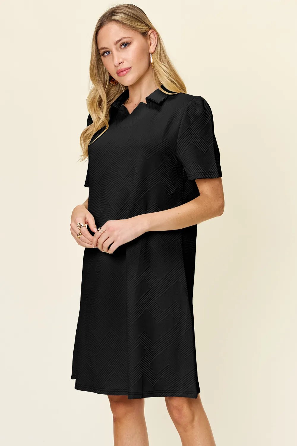 Double Take Full Size Texture Collared Neck Short Sleeve Dress - Rooted & Reckless Co.