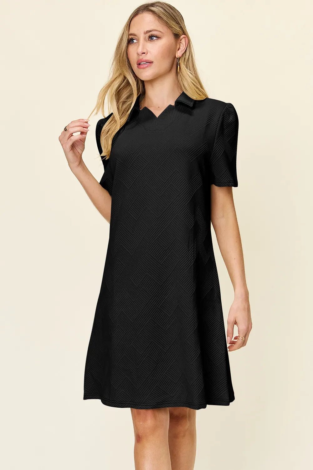 Double Take Full Size Texture Collared Neck Short Sleeve Dress - Rooted & Reckless Co.