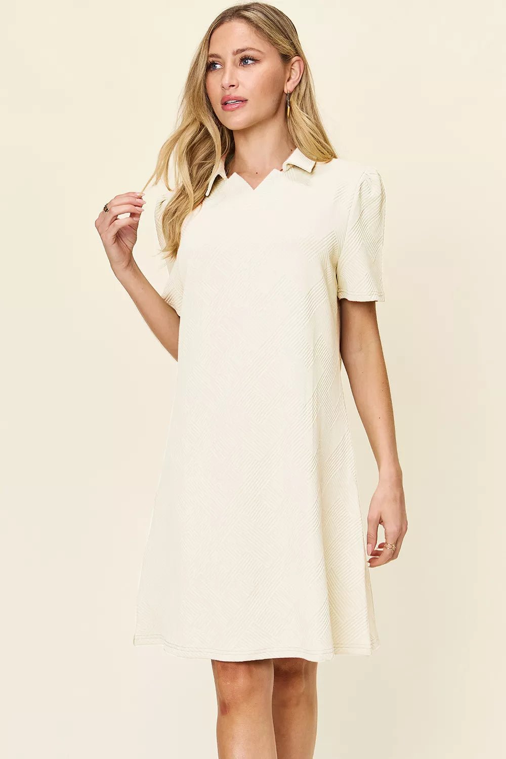 Double Take Full Size Texture Collared Neck Short Sleeve Dress - Rooted & Reckless Co.