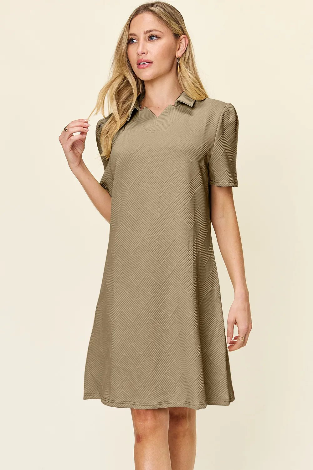 Double Take Full Size Texture Collared Neck Short Sleeve Dress - Rooted & Reckless Co.