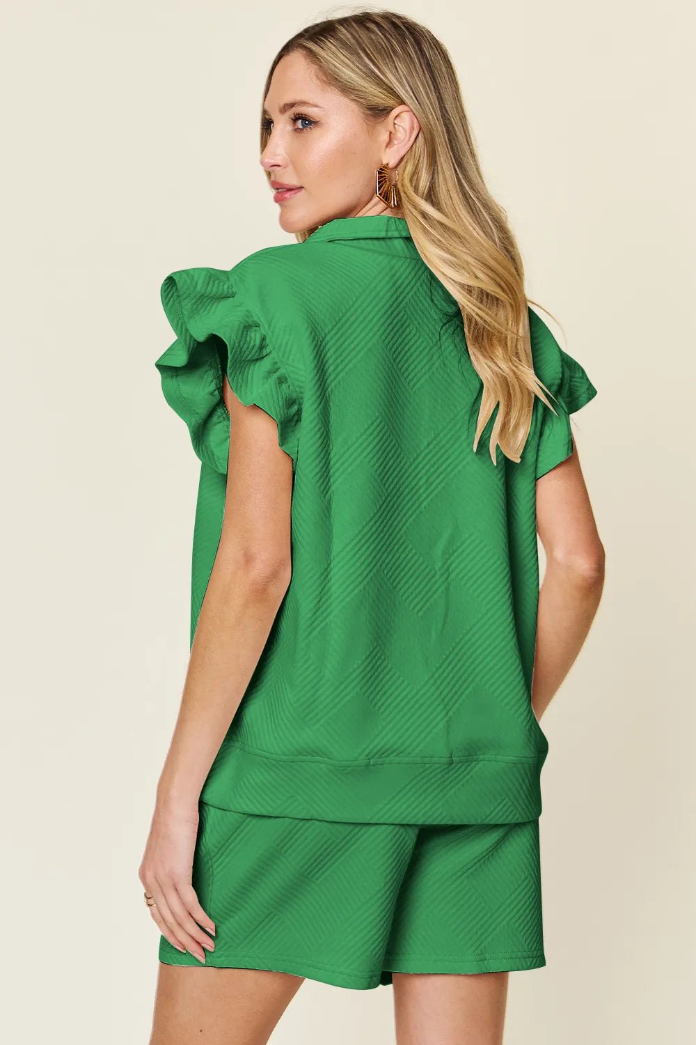 Double Take Full Size Texture Flounce Sleeve Top and Drawstring Shorts Set - Rooted & Reckless Co.