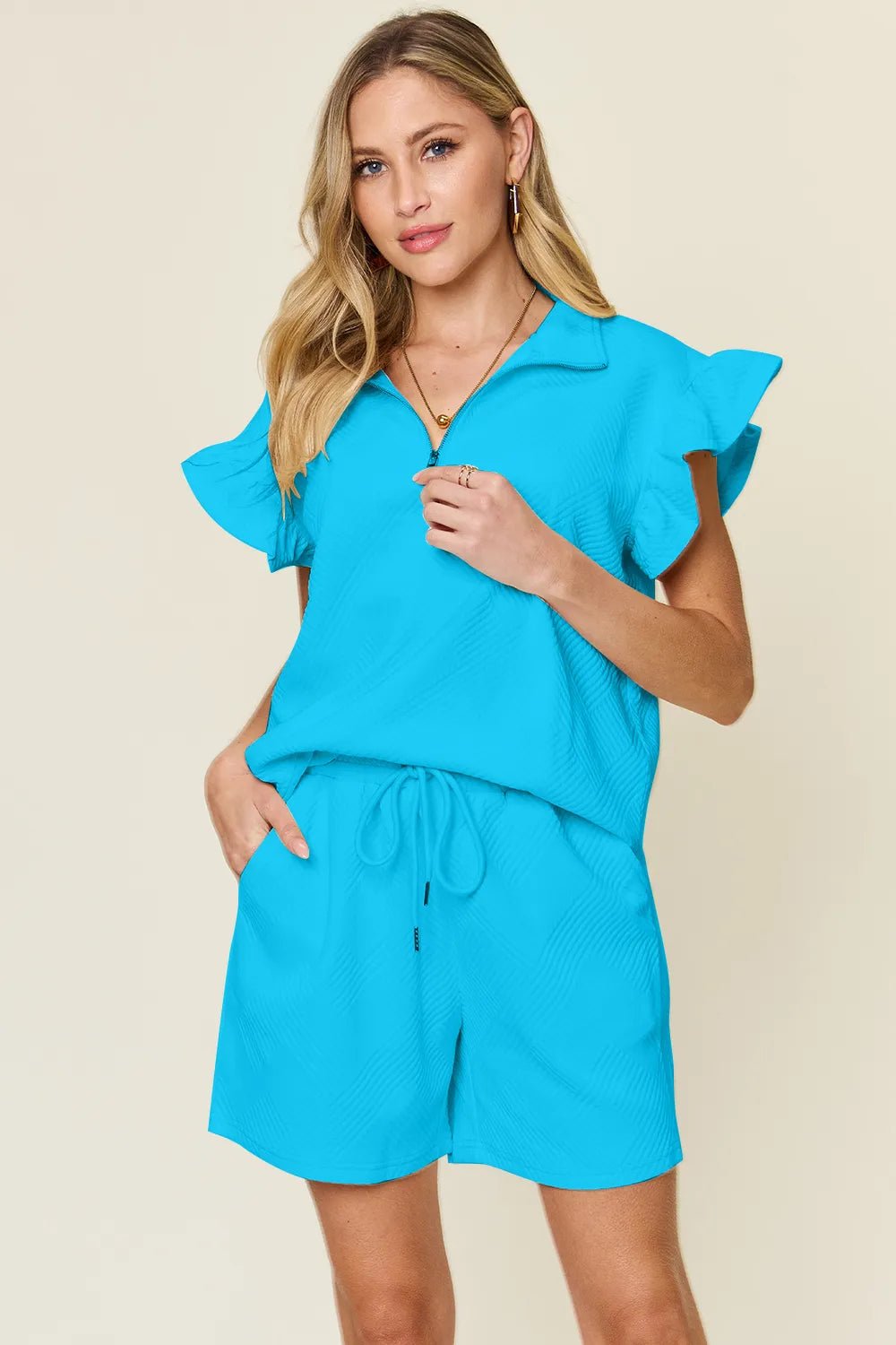 Double Take Full Size Texture Flounce Sleeve Top and Drawstring Shorts Set - Rooted & Reckless Co.