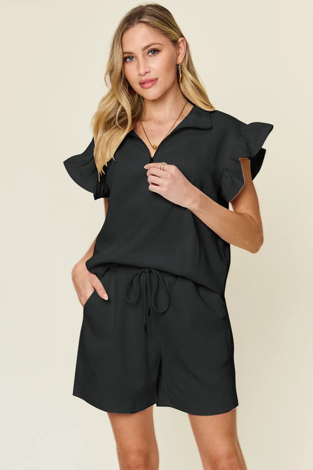 Double Take Full Size Texture Flounce Sleeve Top and Drawstring Shorts Set - Rooted & Reckless Co.
