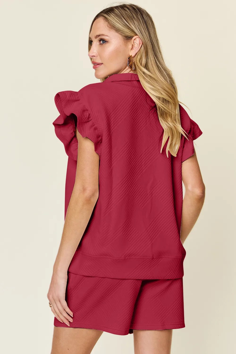 Double Take Full Size Texture Flounce Sleeve Top and Drawstring Shorts Set - Rooted & Reckless Co.