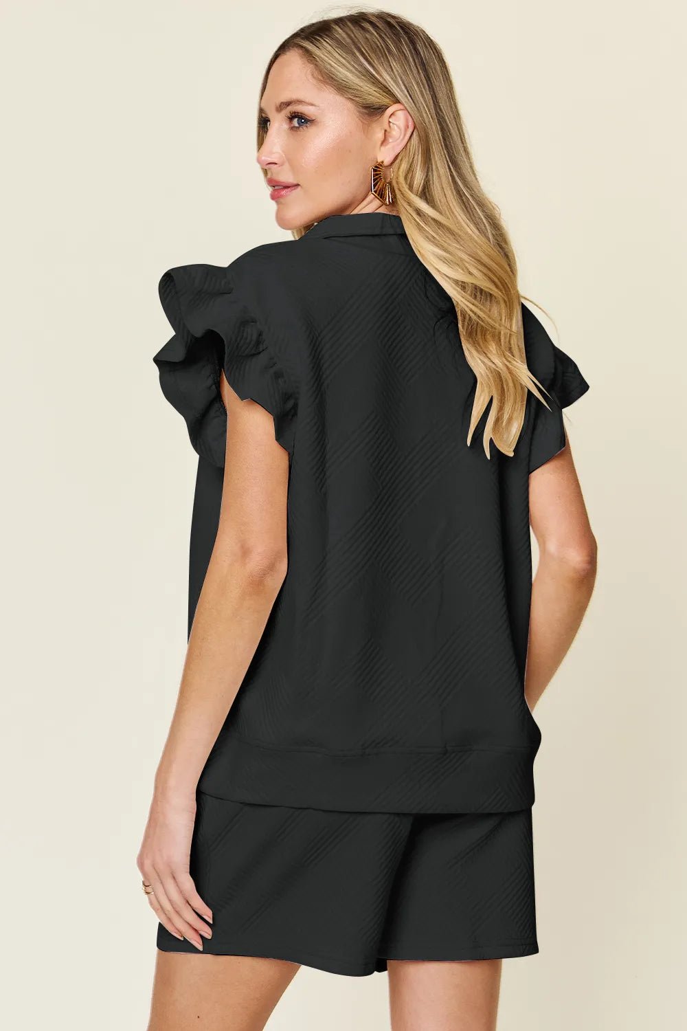 Double Take Full Size Texture Flounce Sleeve Top and Drawstring Shorts Set - Rooted & Reckless Co.