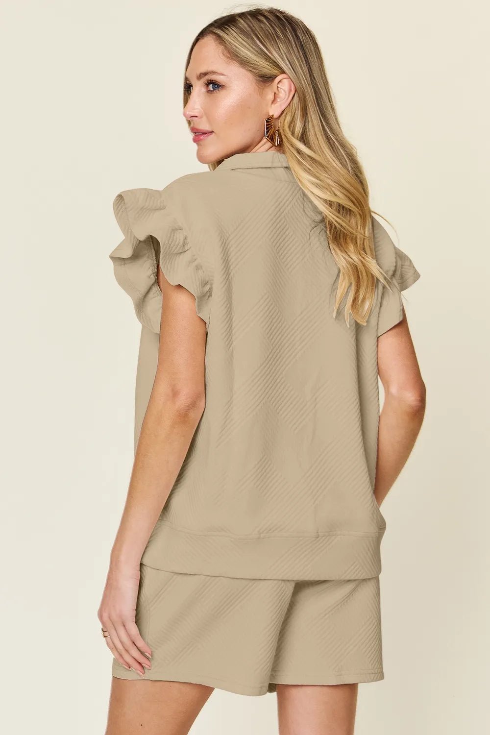 Double Take Full Size Texture Flounce Sleeve Top and Drawstring Shorts Set - Rooted & Reckless Co.