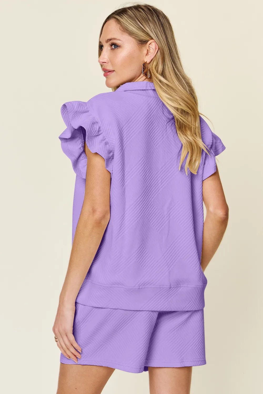 Double Take Full Size Texture Flounce Sleeve Top and Drawstring Shorts Set - Rooted & Reckless Co.