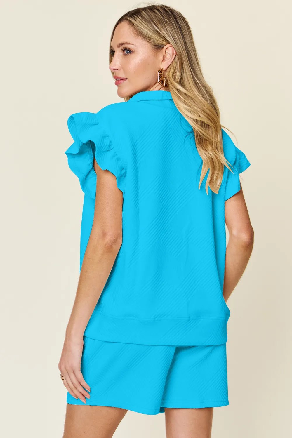 Double Take Full Size Texture Flounce Sleeve Top and Drawstring Shorts Set - Rooted & Reckless Co.