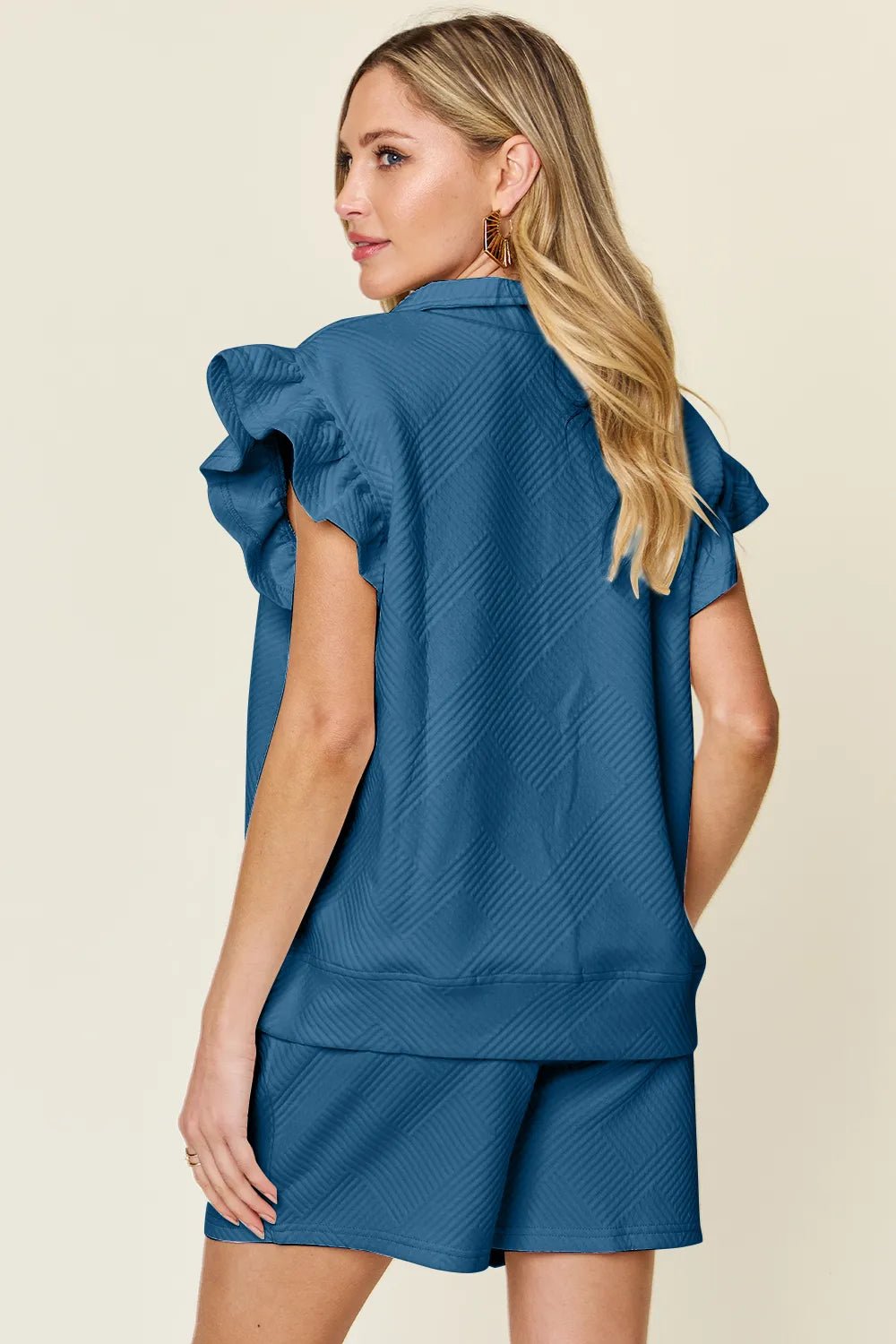 Double Take Full Size Texture Flounce Sleeve Top and Drawstring Shorts Set - Rooted & Reckless Co.