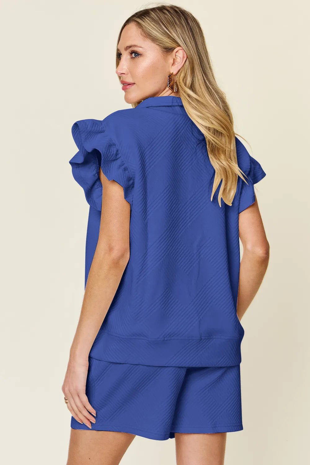 Double Take Full Size Texture Flounce Sleeve Top and Drawstring Shorts Set - Rooted & Reckless Co.