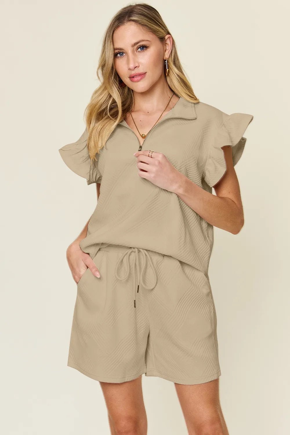 Double Take Full Size Texture Flounce Sleeve Top and Drawstring Shorts Set - Rooted & Reckless Co.