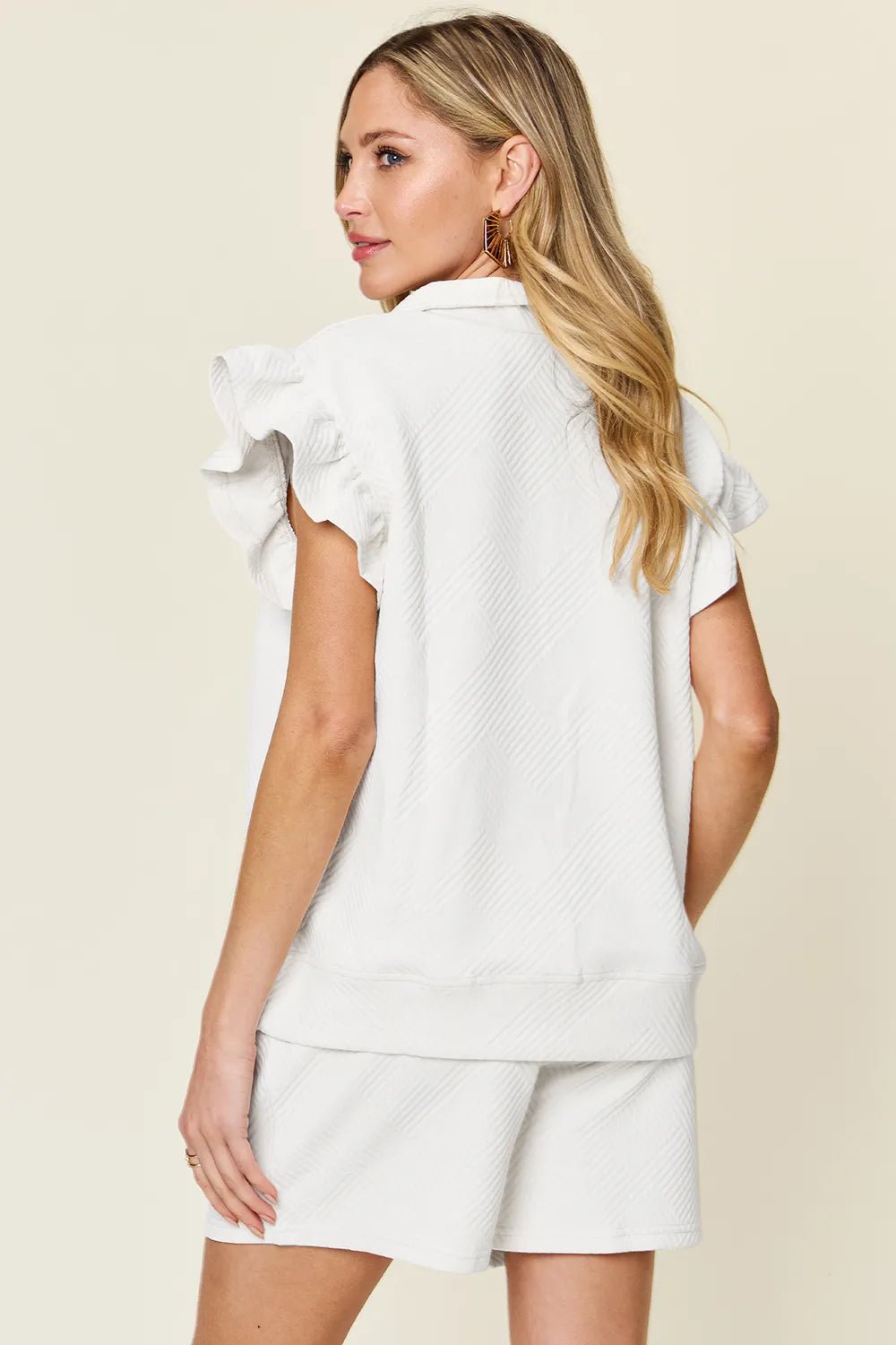 Double Take Full Size Texture Flounce Sleeve Top and Drawstring Shorts Set - Rooted & Reckless Co.
