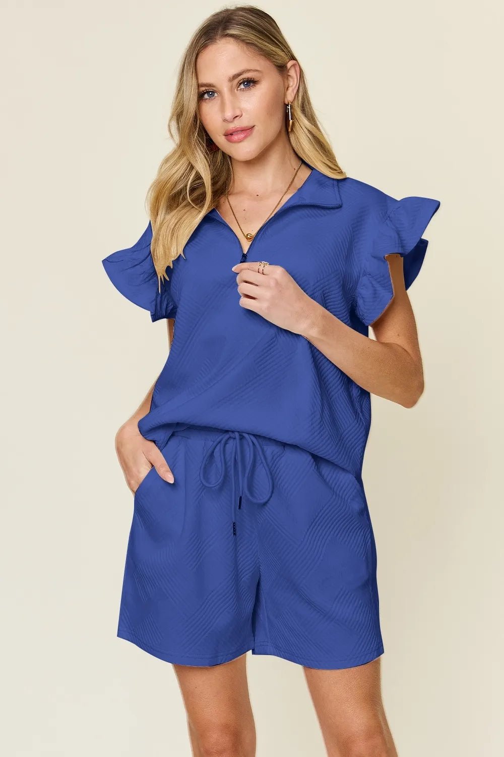 Double Take Full Size Texture Flounce Sleeve Top and Drawstring Shorts Set - Rooted & Reckless Co.