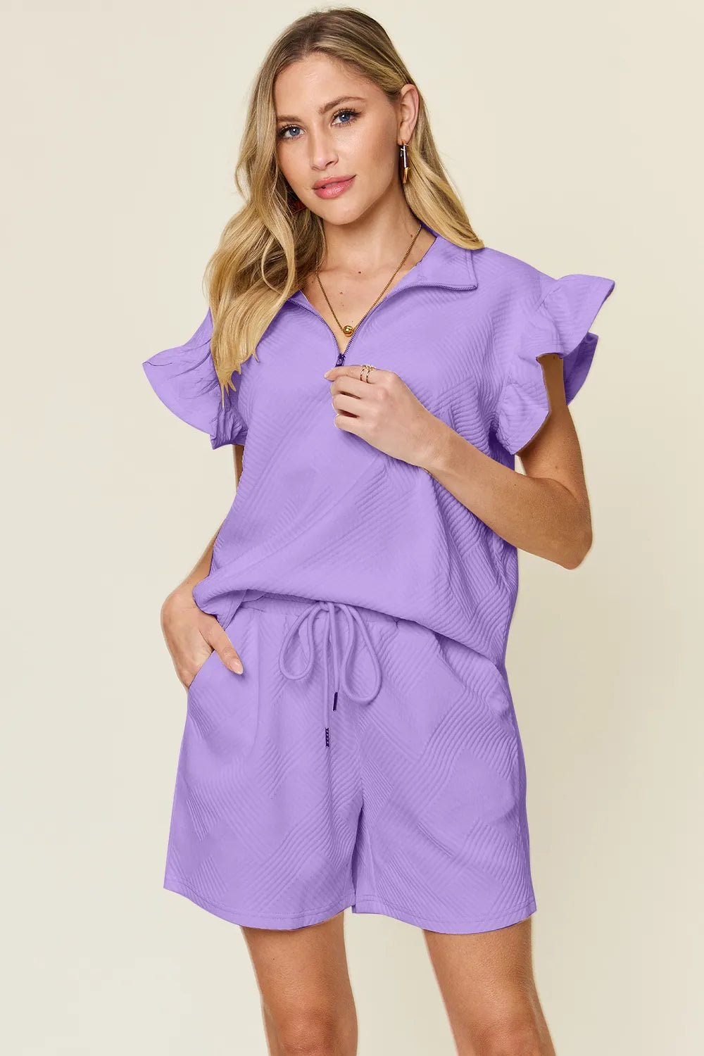 Double Take Full Size Texture Flounce Sleeve Top and Drawstring Shorts Set - Rooted & Reckless Co.
