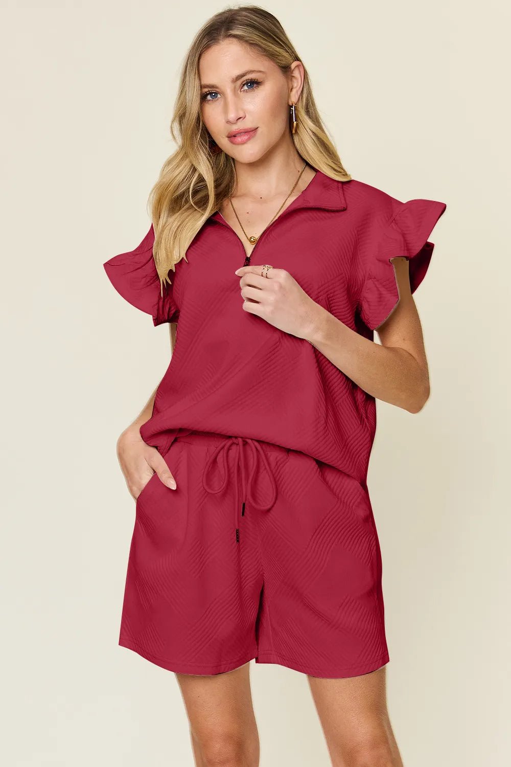 Double Take Full Size Texture Flounce Sleeve Top and Drawstring Shorts Set - Rooted & Reckless Co.