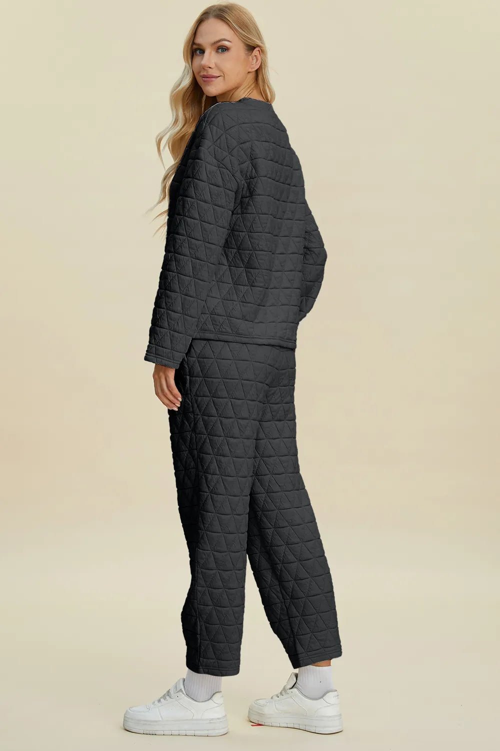 Double Take Full Size Texture Round Neck Long Sleeve Top and Pants Set - Rooted & Reckless Co.