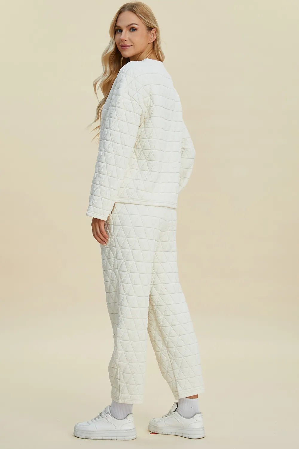 Double Take Full Size Texture Round Neck Long Sleeve Top and Pants Set - Rooted & Reckless Co.