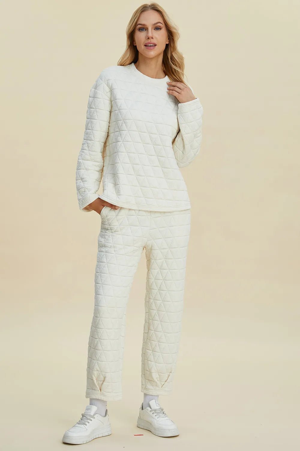 Double Take Full Size Texture Round Neck Long Sleeve Top and Pants Set - Rooted & Reckless Co.