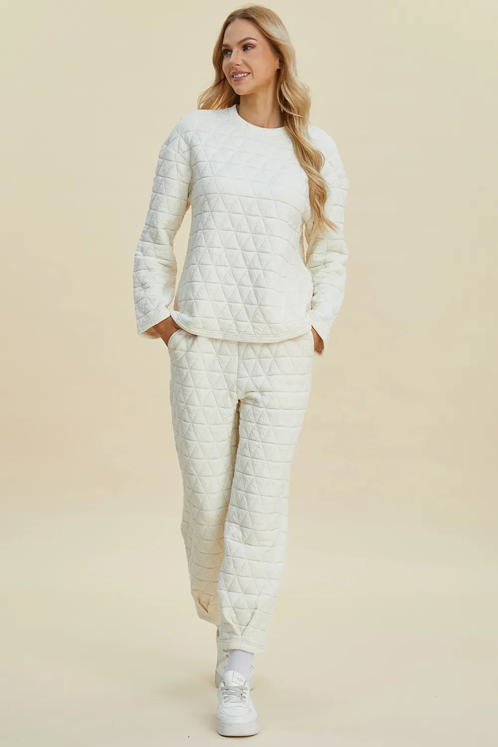 Double Take Full Size Texture Round Neck Long Sleeve Top and Pants Set - Rooted & Reckless Co.