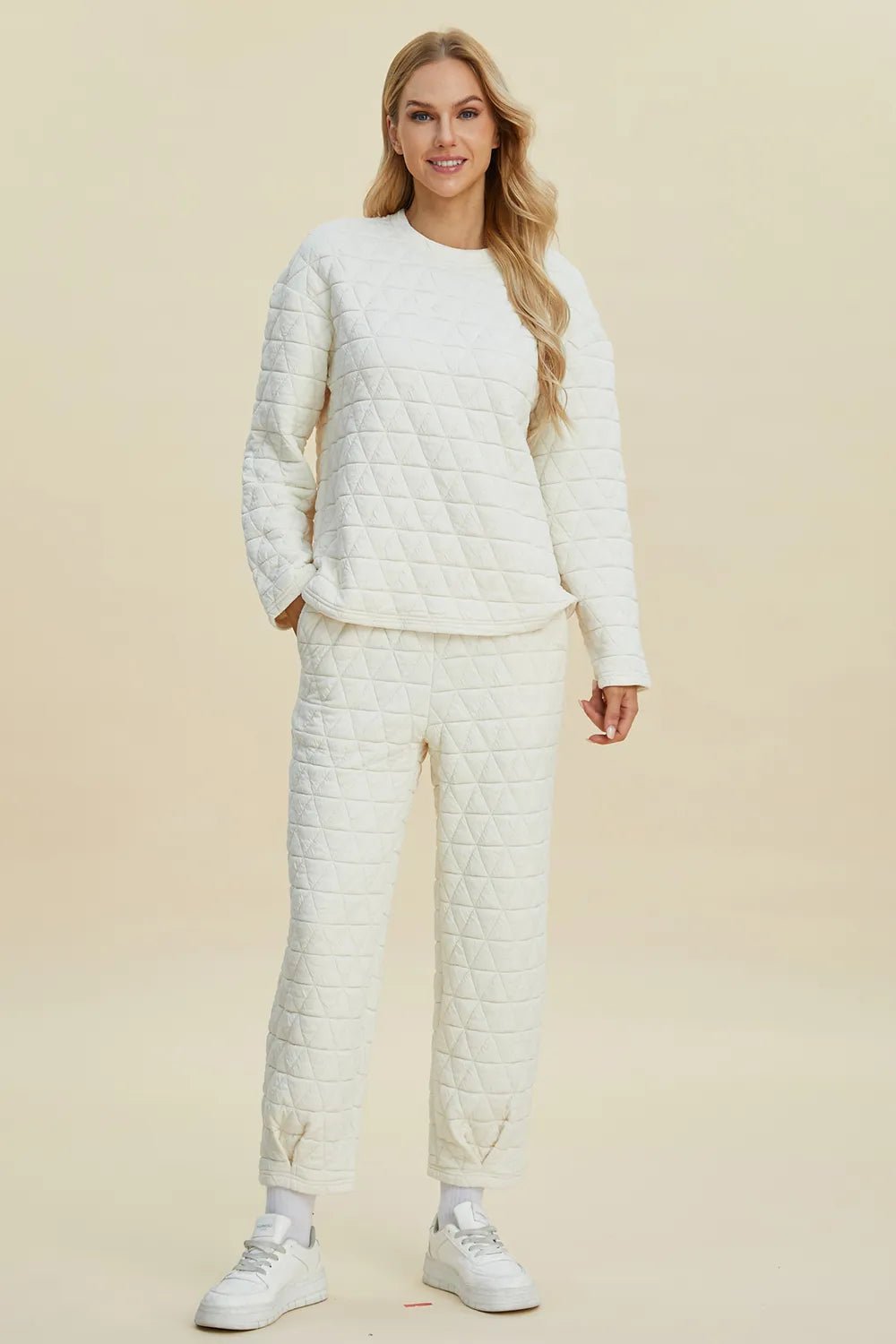 Double Take Full Size Texture Round Neck Long Sleeve Top and Pants Set - Rooted & Reckless Co.