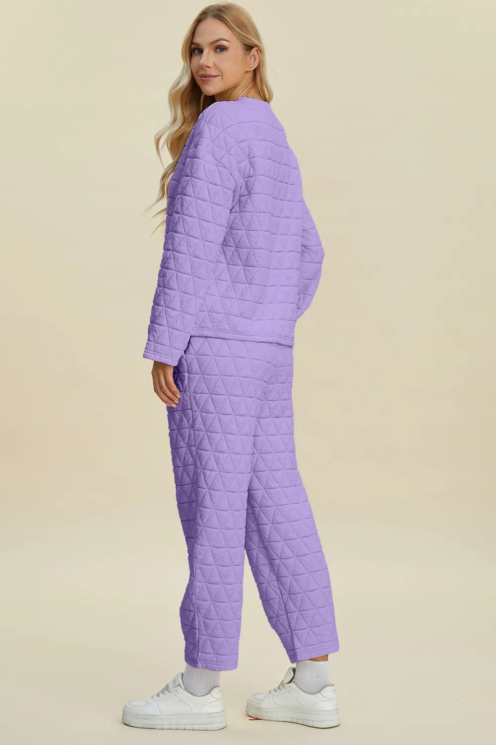 Double Take Full Size Texture Round Neck Long Sleeve Top and Pants Set - Rooted & Reckless Co.