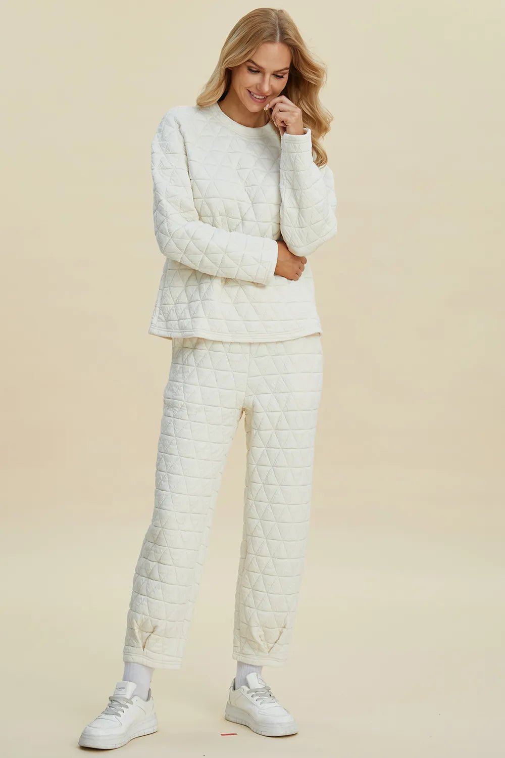 Double Take Full Size Texture Round Neck Long Sleeve Top and Pants Set - Rooted & Reckless Co.
