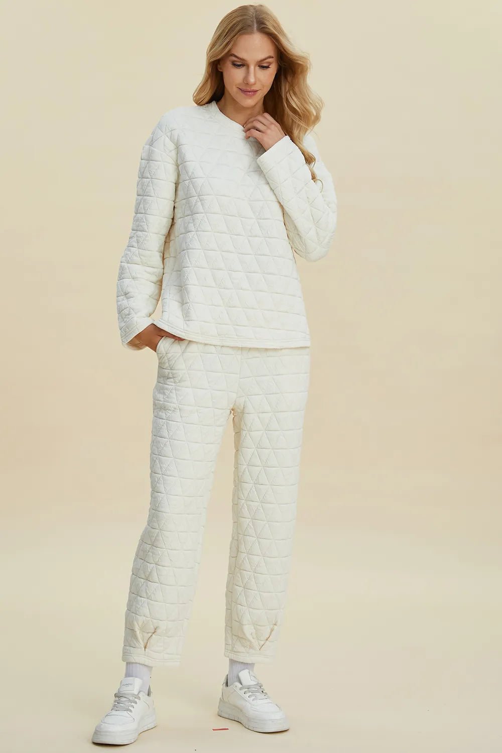 Double Take Full Size Texture Round Neck Long Sleeve Top and Pants Set - Rooted & Reckless Co.