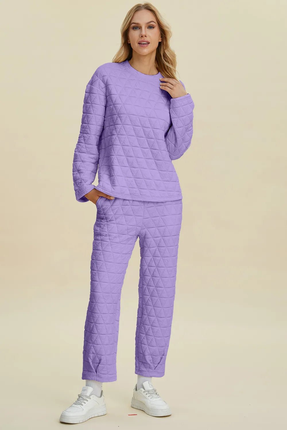 Double Take Full Size Texture Round Neck Long Sleeve Top and Pants Set - Rooted & Reckless Co.