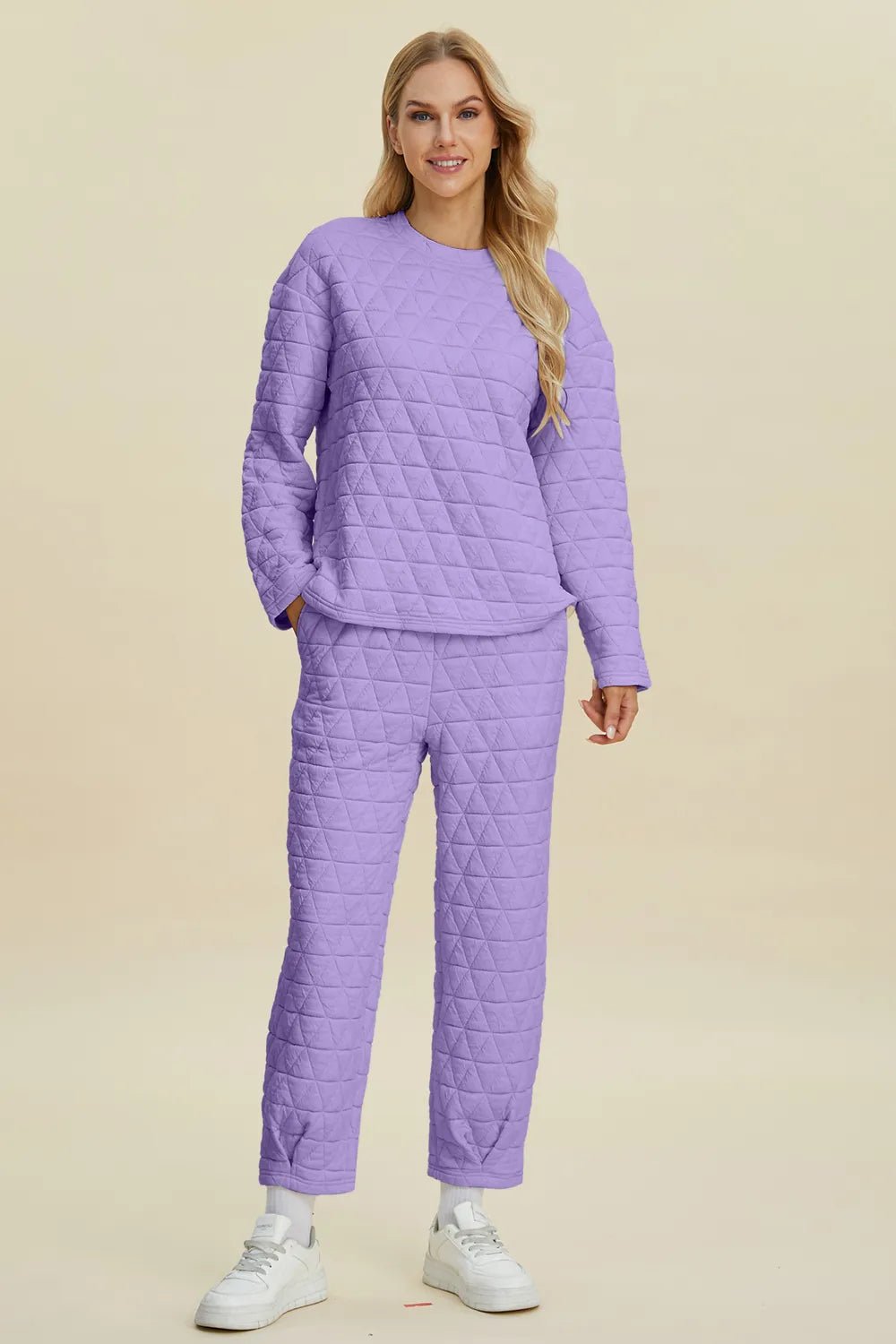 Double Take Full Size Texture Round Neck Long Sleeve Top and Pants Set - Rooted & Reckless Co.
