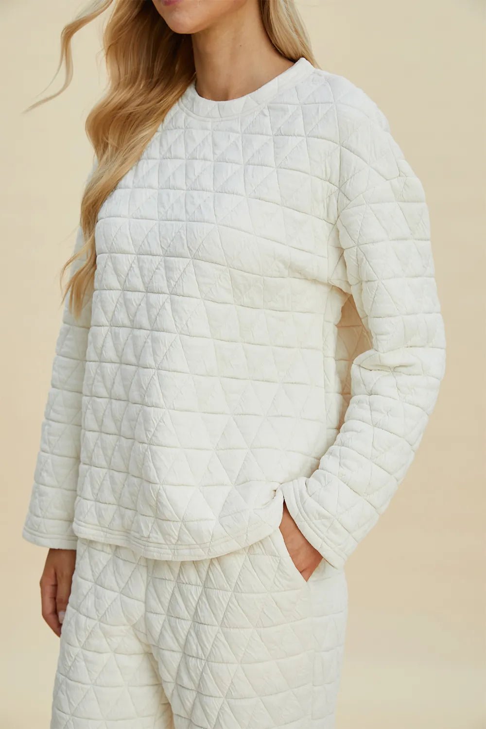 Double Take Full Size Texture Round Neck Long Sleeve Top and Pants Set - Rooted & Reckless Co.