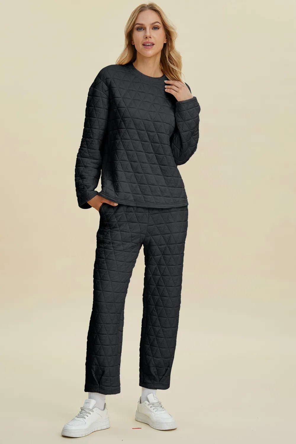 Double Take Full Size Texture Round Neck Long Sleeve Top and Pants Set - Rooted & Reckless Co.