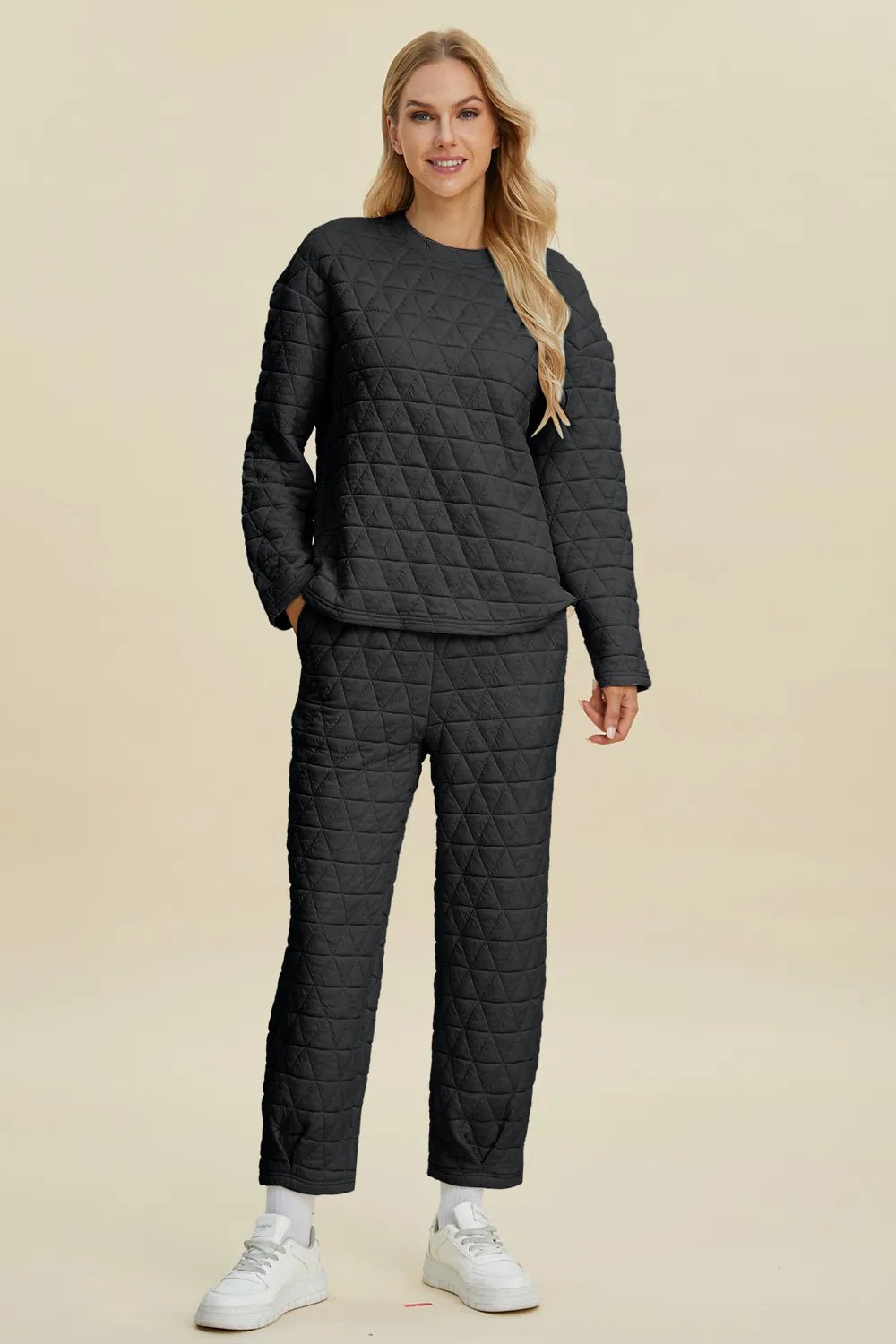 Double Take Full Size Texture Round Neck Long Sleeve Top and Pants Set - Rooted & Reckless Co.