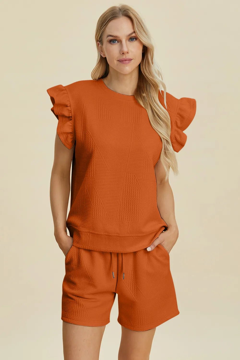 Double Take Full Size Texture Round Neck Ruffle Sleeve Top and Shorts Set - Rooted & Reckless Co.