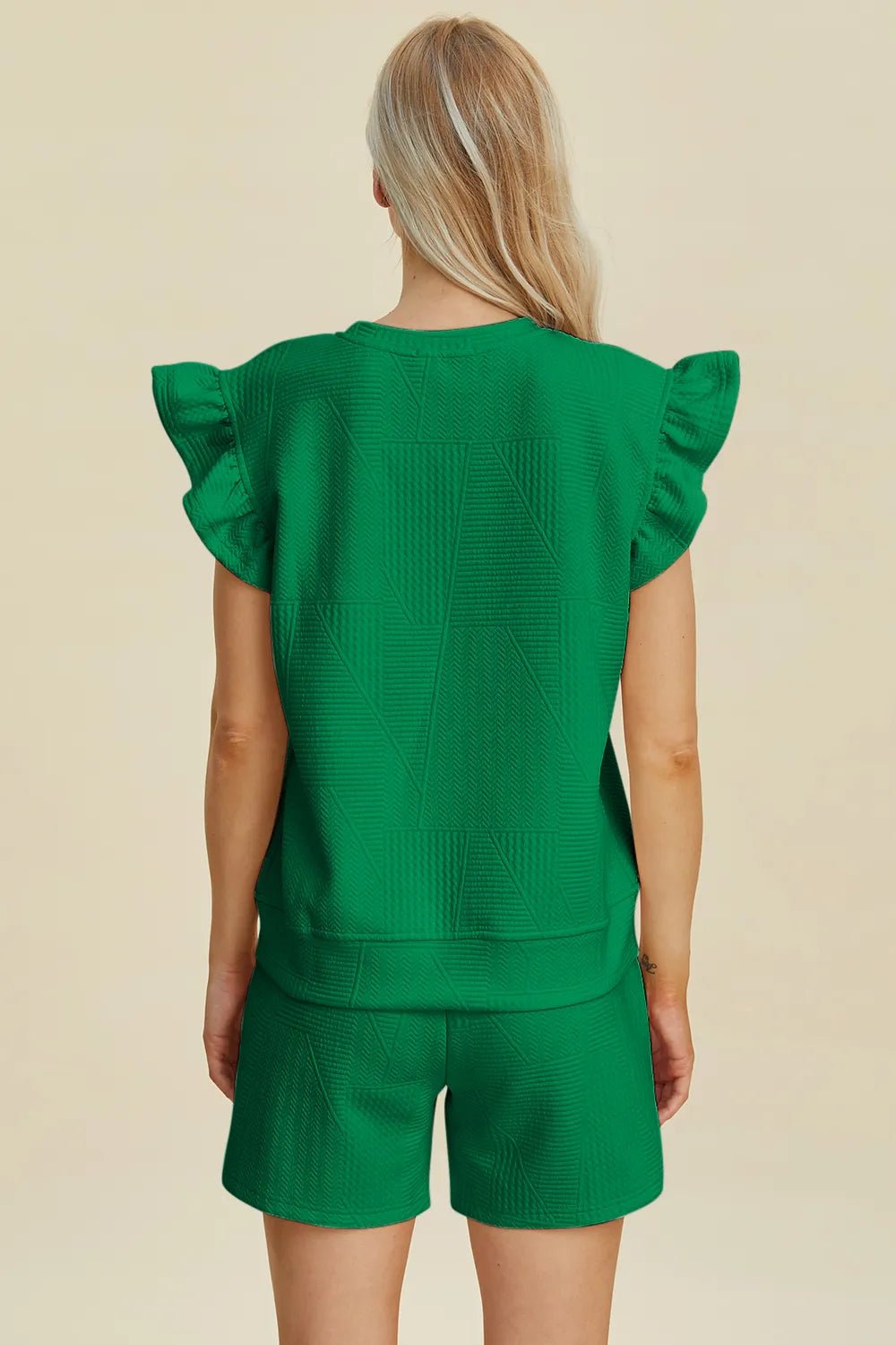 Double Take Full Size Texture Round Neck Ruffle Sleeve Top and Shorts Set - Rooted & Reckless Co.
