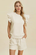 Double Take Full Size Texture Round Neck Ruffle Sleeve Top and Shorts Set - Rooted & Reckless Co.