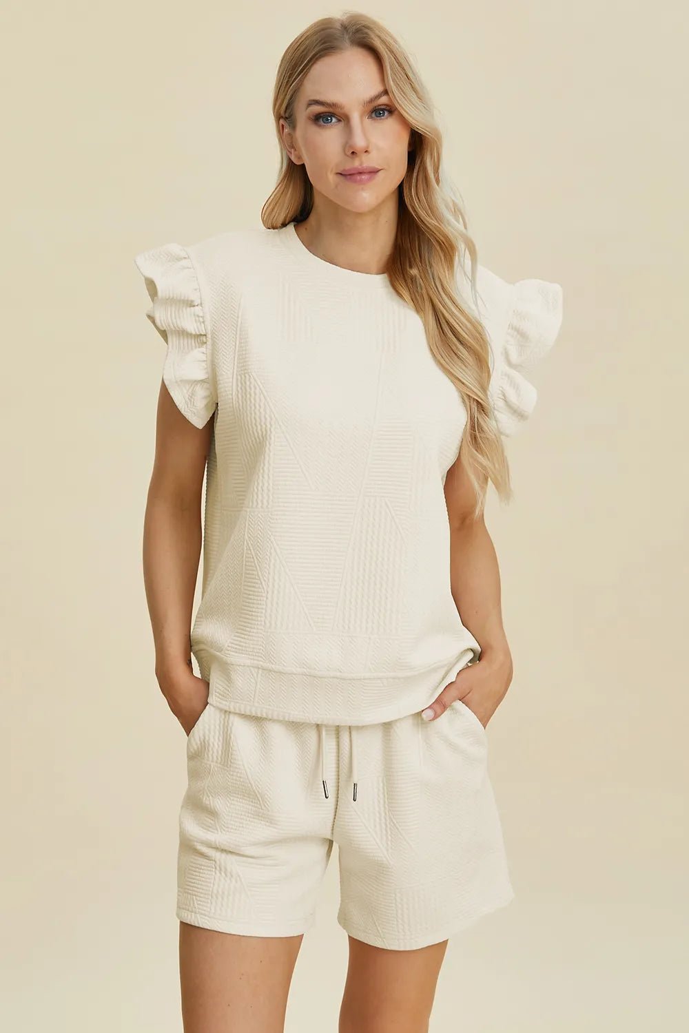Double Take Full Size Texture Round Neck Ruffle Sleeve Top and Shorts Set - Rooted & Reckless Co.