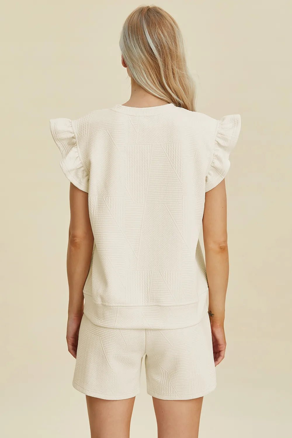 Double Take Full Size Texture Round Neck Ruffle Sleeve Top and Shorts Set - Rooted & Reckless Co.