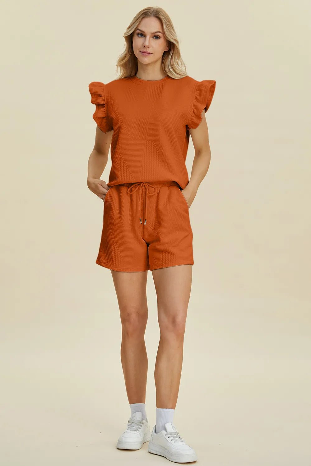 Double Take Full Size Texture Round Neck Ruffle Sleeve Top and Shorts Set - Rooted & Reckless Co.