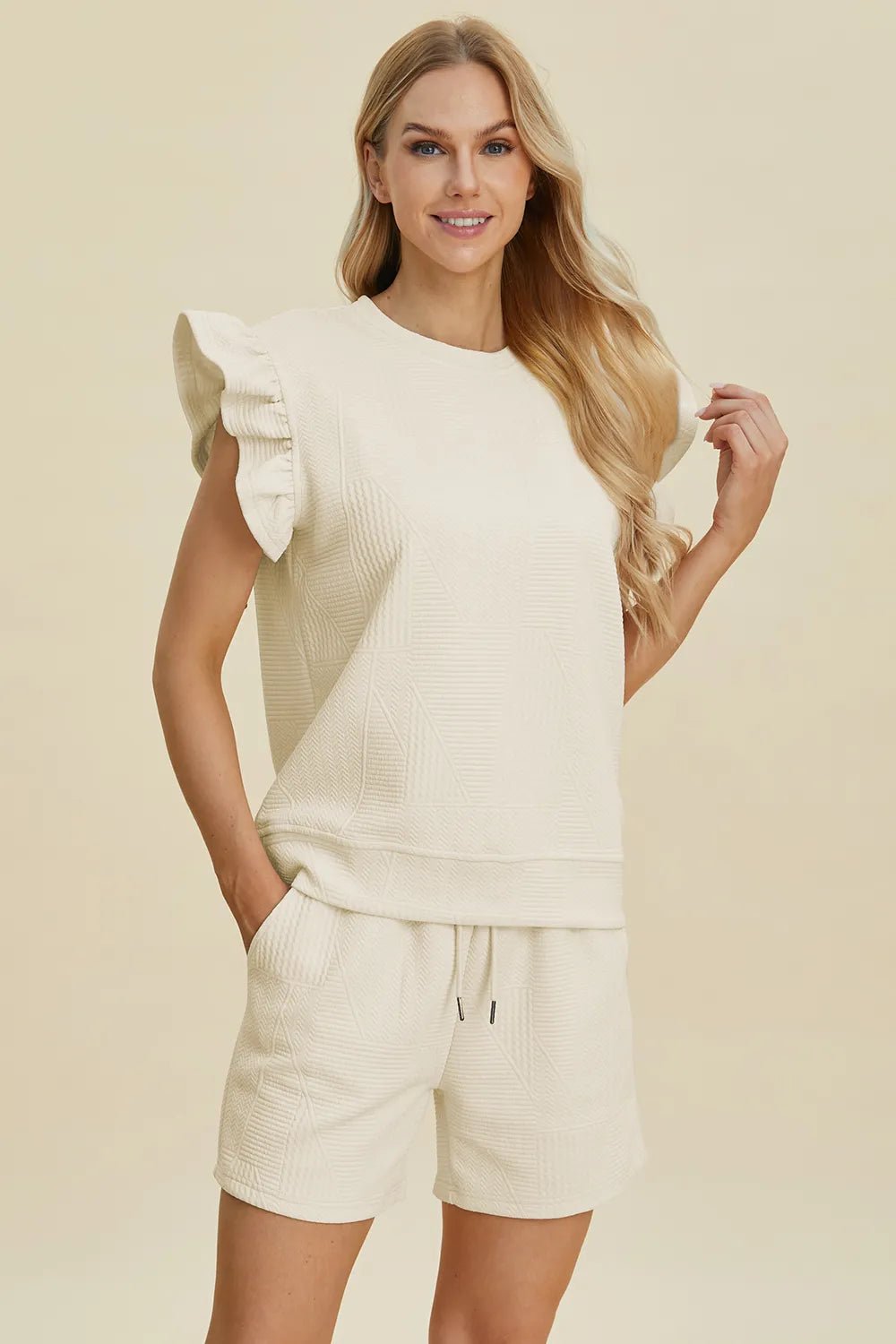 Double Take Full Size Texture Round Neck Ruffle Sleeve Top and Shorts Set - Rooted & Reckless Co.