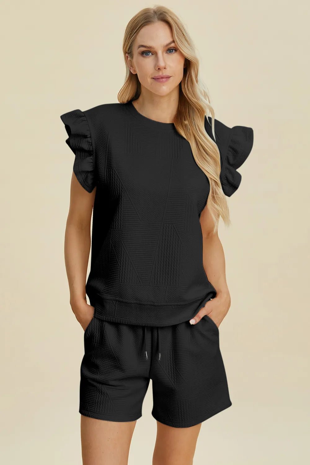 Double Take Full Size Texture Round Neck Ruffle Sleeve Top and Shorts Set - Rooted & Reckless Co.