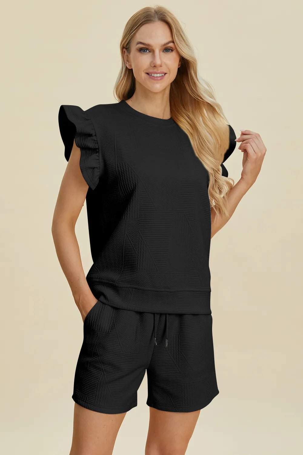Double Take Full Size Texture Round Neck Ruffle Sleeve Top and Shorts Set - Rooted & Reckless Co.
